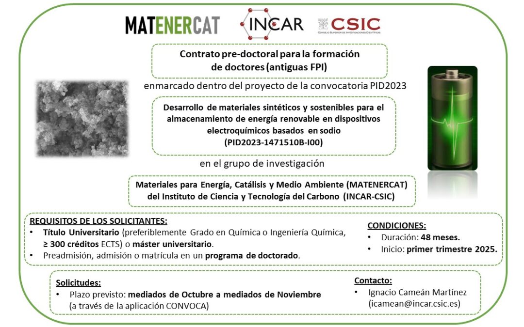 Contrato pre-doctoral dentro del grupo de Materiales para Energía, Catálisis y Medio Ambiente (MATENERCAT) del Instituto de Ciencia y Tecnología del Carbono (INCAR-CSIC)
